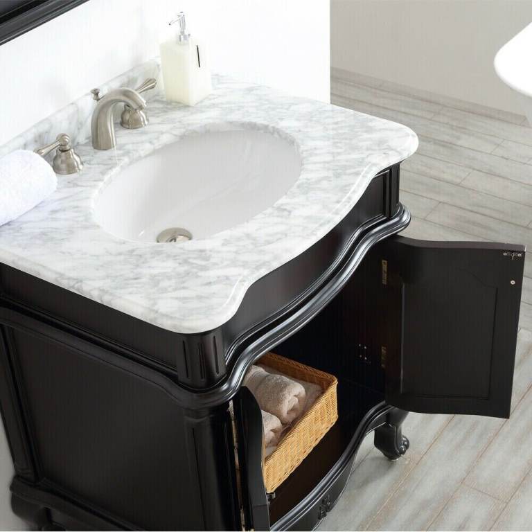Vanity Unit Basin Carrara Marble Worktop Black Floor Standing Sink