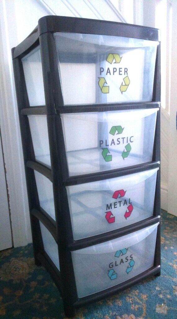 Large plastic 4 drawer recycling tower on castors