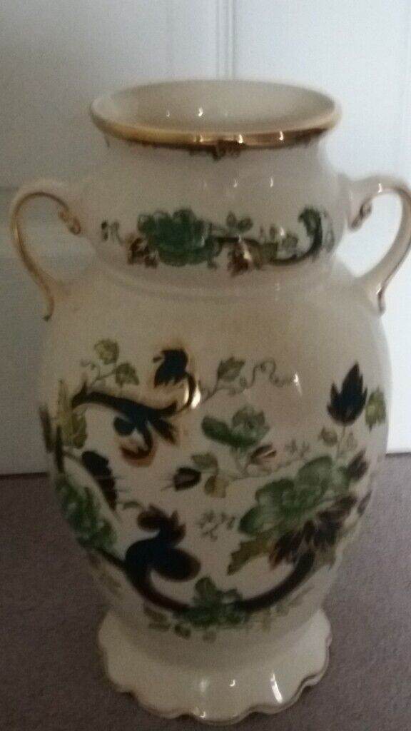 MASON IRONSTONE CHARTREUSE LARGE VASE WITH HANDLES