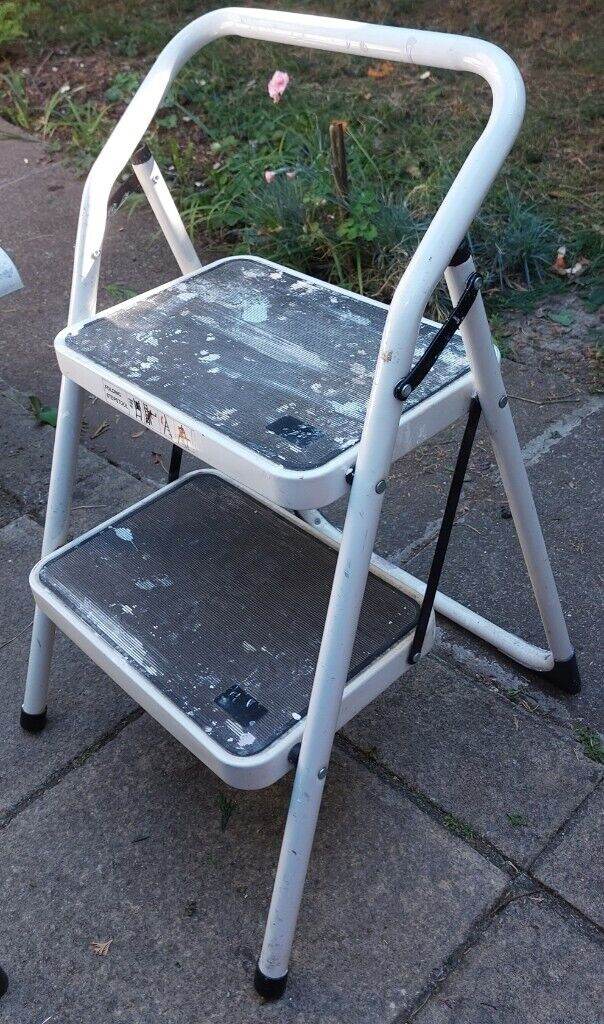White enamelled folding 2 rung metal step stool