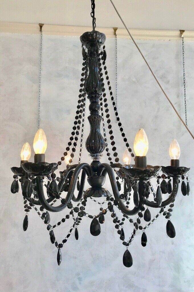Large Marie Therese Glass Black 6 Arm Chandelier Pendant Light Fitting 