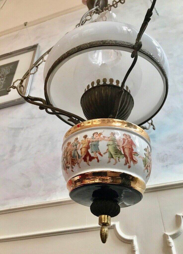 Antique Early 20th C Glass Oil Lamp Greek Figure Victorian Hanging Pendant