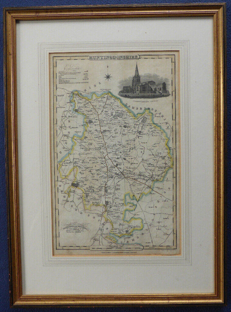Vintage Map of Huntingdonshire inc. Godmanchester Church Illustration. Framed.