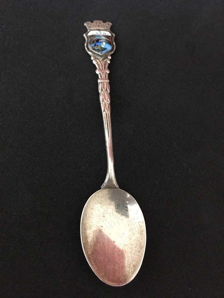 .800 Silver Souvenir Collector Spoon CAPRI Enamelled Two Mermaids On Rock In Cave Collectable