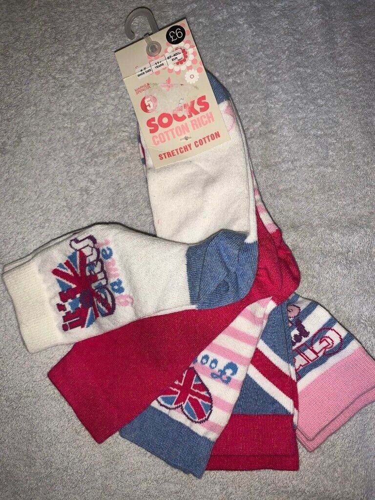 New M&S 5 Pack Girls Football Socks Size 4-7 Age 11+ Years IP1