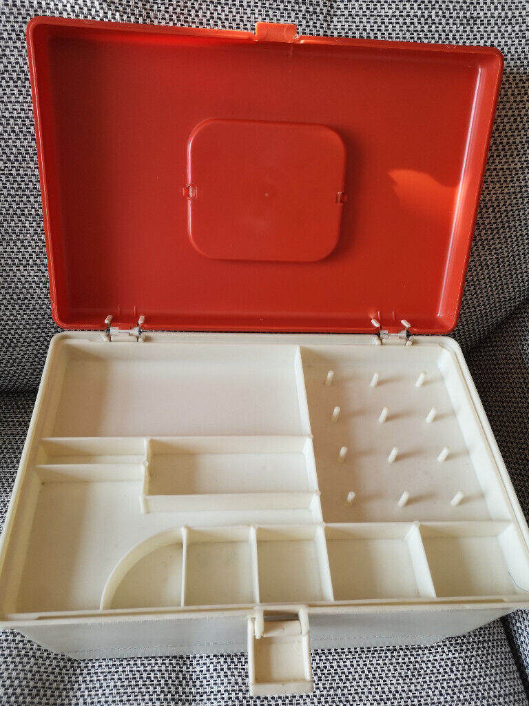 Large Vintage Flair Rectangular Sewing Box. 60's 70's. Plastic Orange and Cream.
