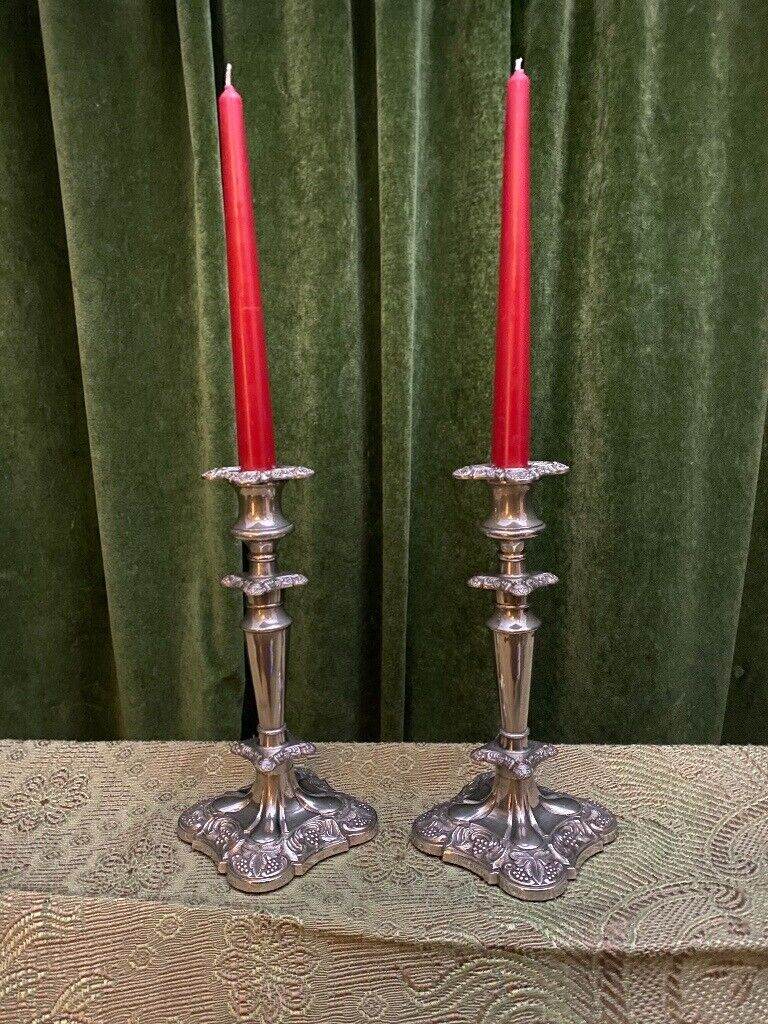 PAIR OF VINTAGE SILVER PLATED CANDLESTICKS, GRAPE-VINE RELIEF DETAIL, NOT SOLID SILVER