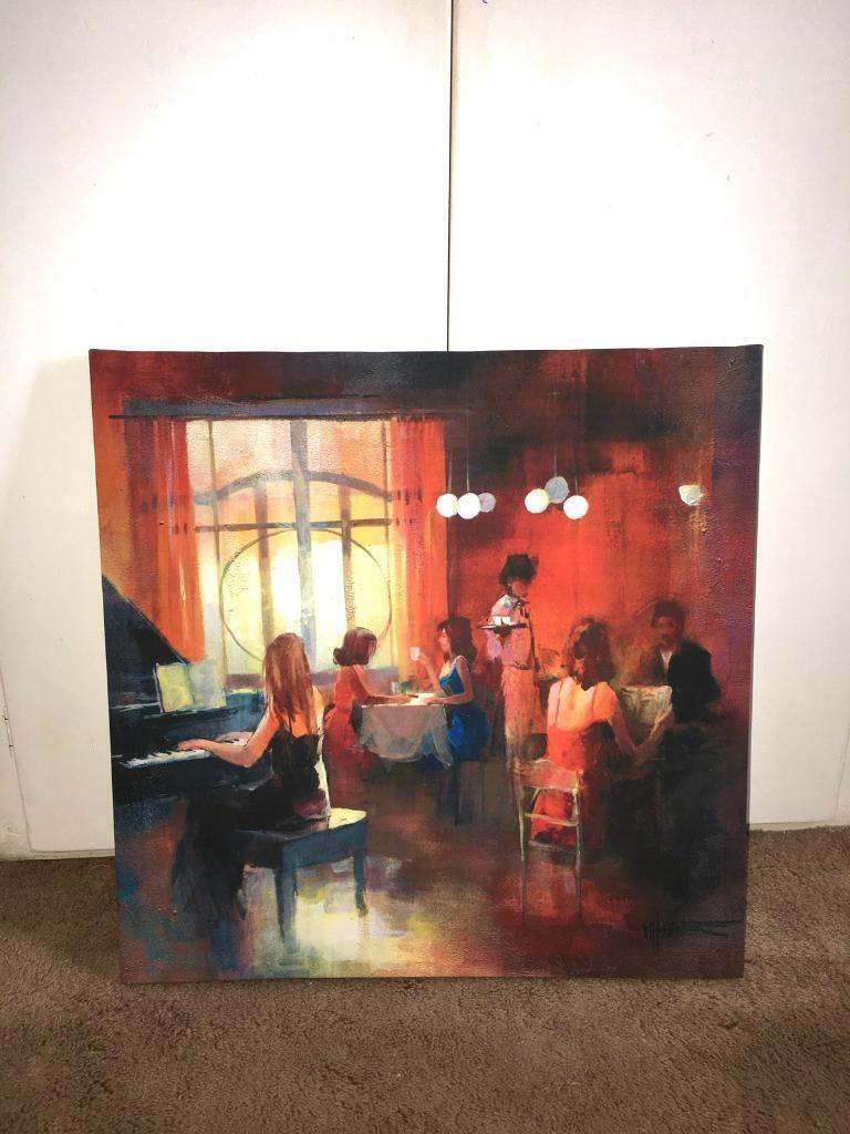 Medium coloured canvas 19.6”x19.6”- lady playing piano in restaurant 