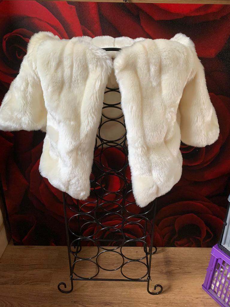 Monsoon size 12 cream bolero jacket 3/4 sleeve faux fur wedding prom