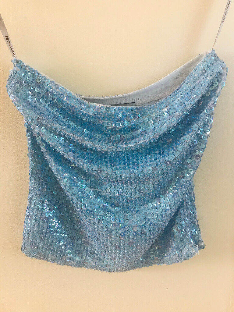 Warehouse Baby Blue Shimmering Sequin Bustier Top, Size 8