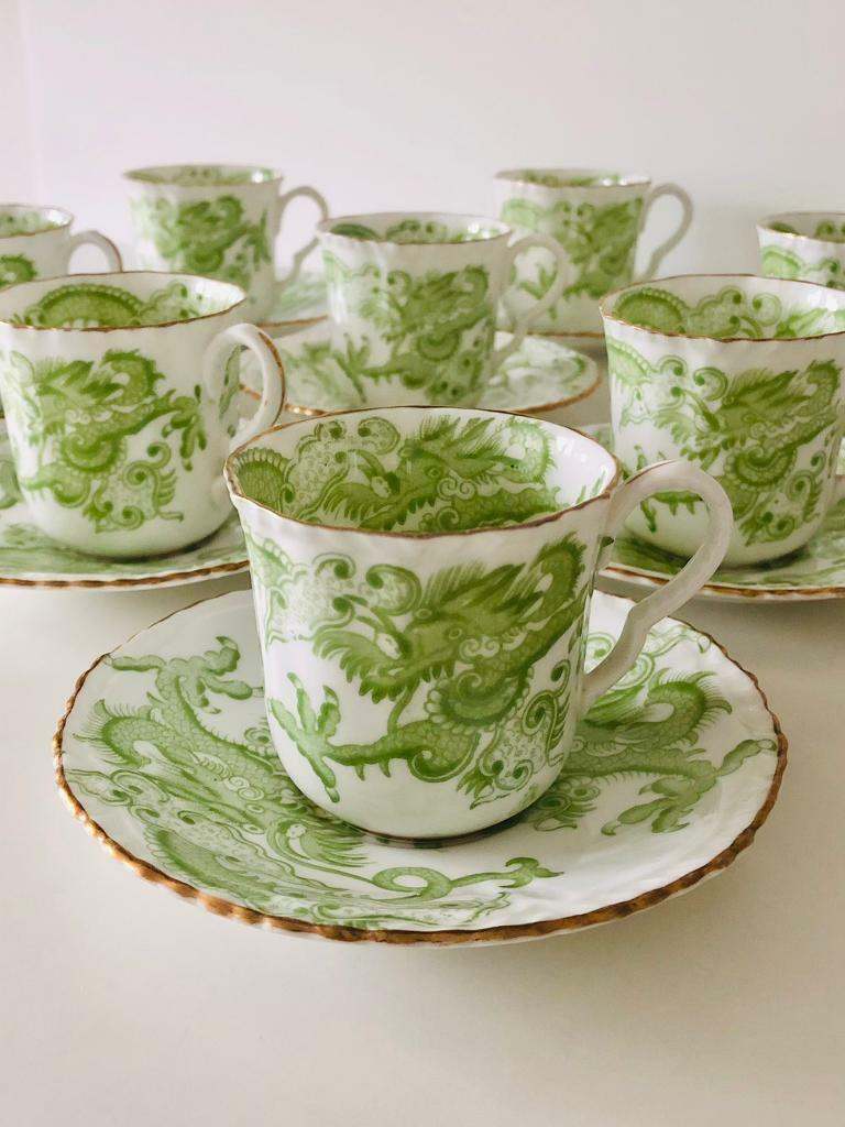 8 Crown Staffordshire Green Dragon Pattern Bone China Cups & Saucers