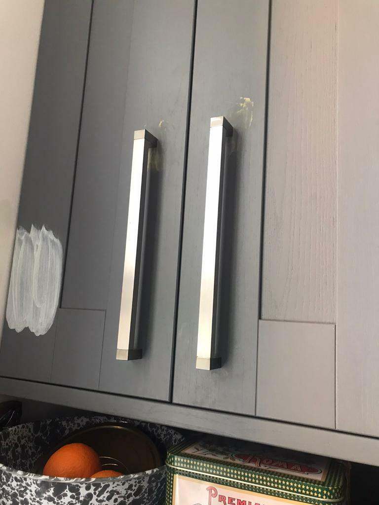 Excellent condition set of 18 satin nickel chrome kitchen cupboard handles 30 & 17.5 cm