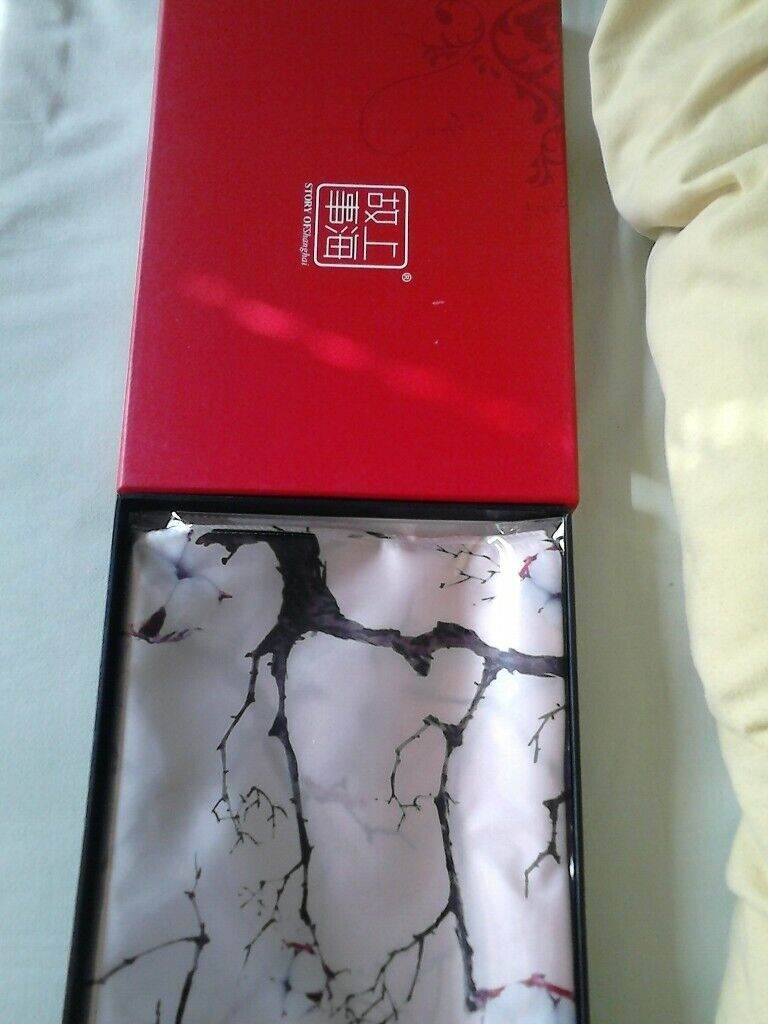 New boxed and tagged 100% silk Story of Shanghai with 'Cherry? Blosson tree, and leaves' scarf.