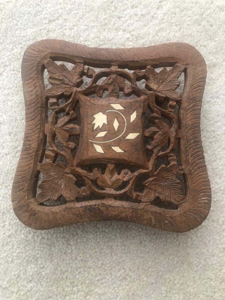 Vintage Square Carved Inlaid Wooden Tea Pot Stand. Collect Chichester