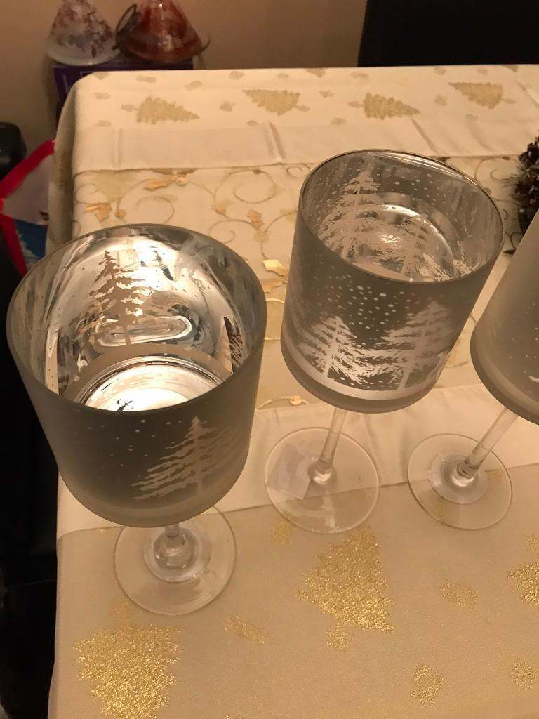 3 Christmas stemmed glass Tea light holders