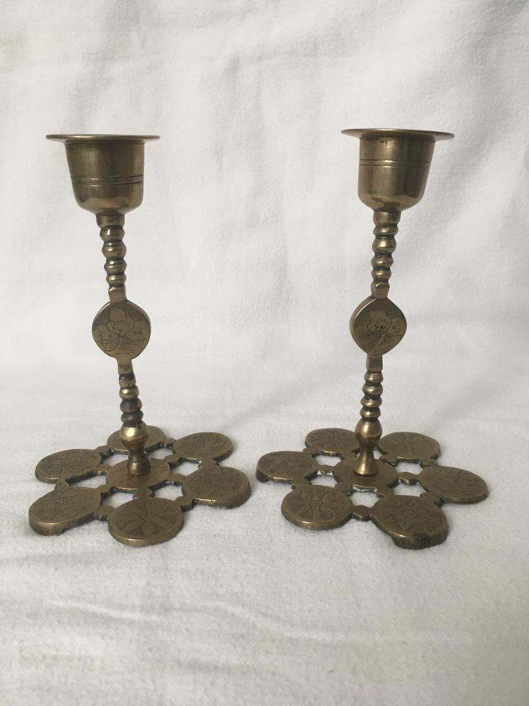 Pair Solid Brass Oriental Design Candlesticks Candle Holders Vintage