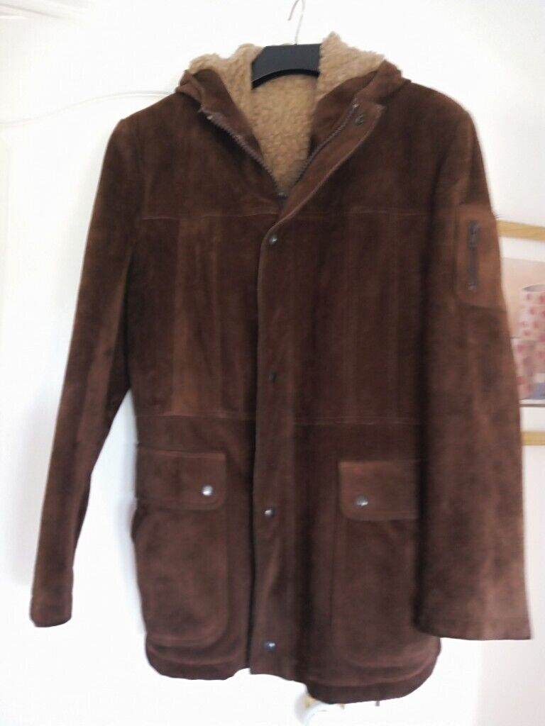 BROWN MENS/WOMENS COWHIDE HOODED COAT SIZE 38 WOOL LINED