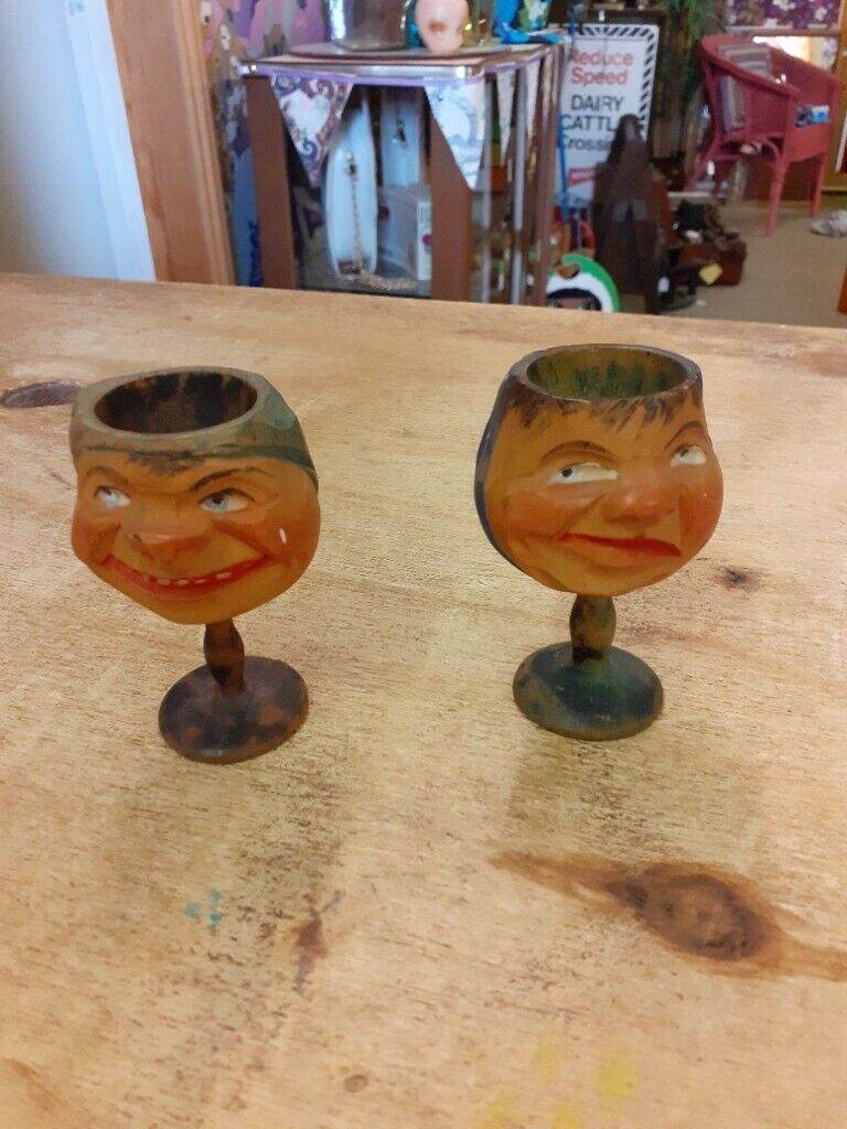 Rare vintage Treen Egg Cups Anri carved quirky character egg cups x 2