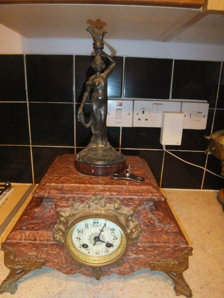 Antique French Red Rouge Marble Mantel Clock AD MOUGIN Lady on Top Hortensia