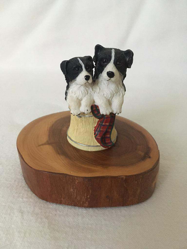The House Of Valentina Border Collie Puppies On Wooden Branch Plinth Figurine