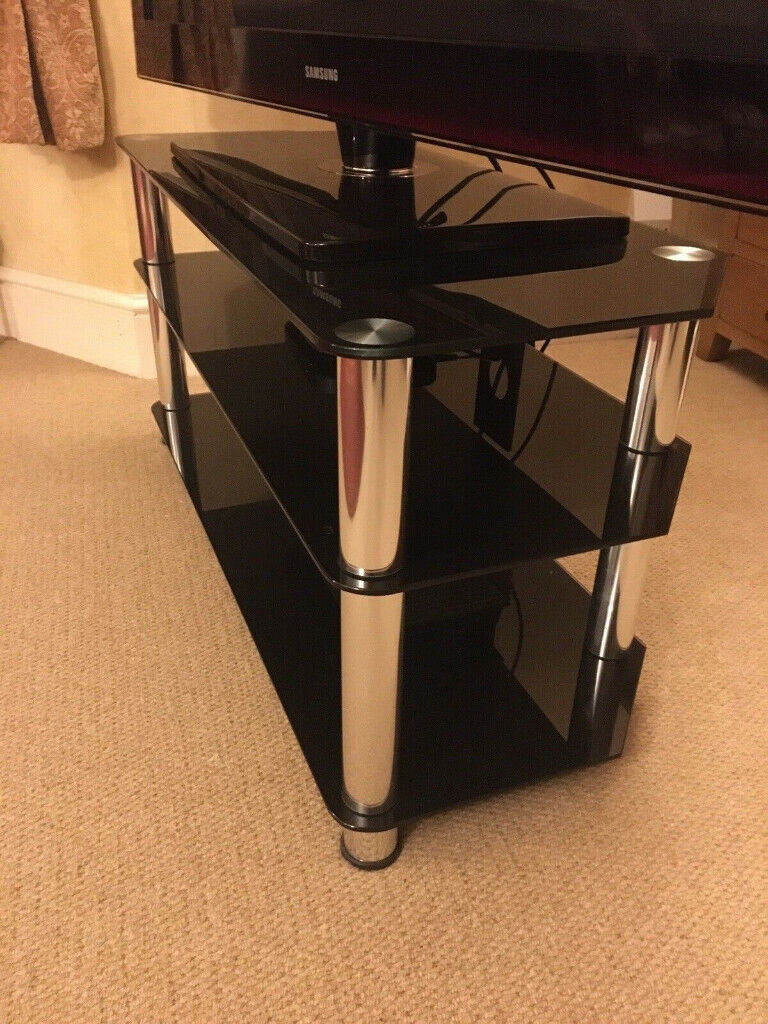 large Black Glass & Silver TV Stand