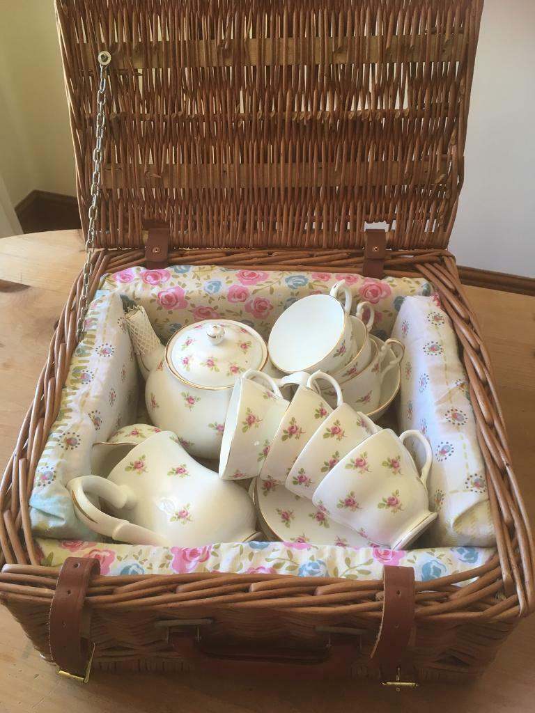 Pretty Vintage Tea Set Ideal Gift in John Lewis Wicker Hamper Basket 