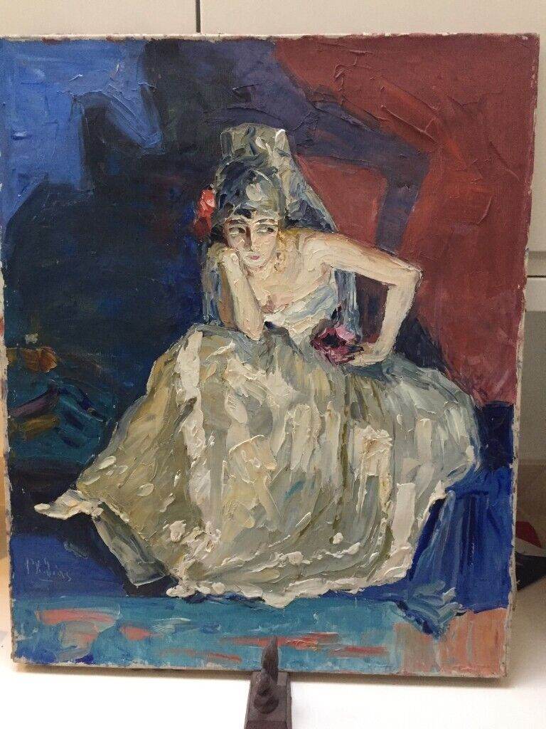 1920's original oil on canvas painting 'Study of a seated woman in a bridal outfit'