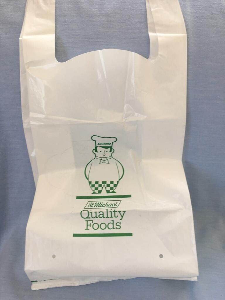 12 M&S GENUINE (ST MICHAELS) MARKS AND SPENCER GREEN PRINT PLASTIC CARRIER BAG 1970S - 1980S