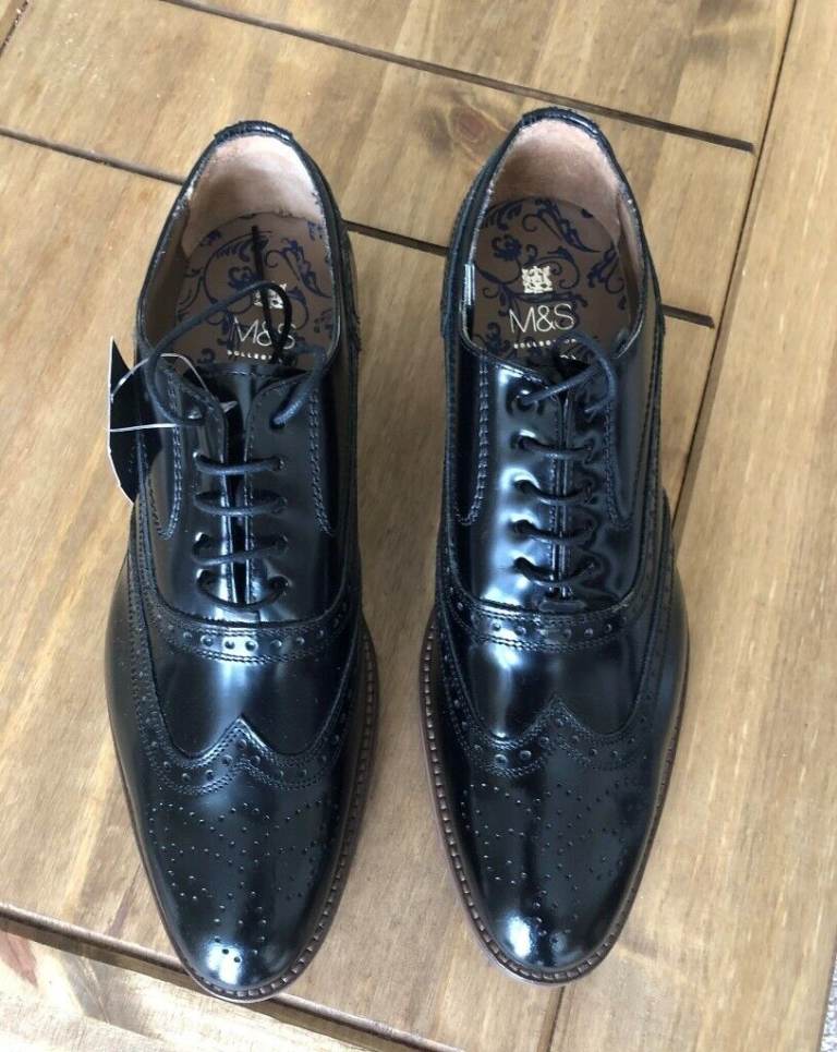 M&S Black High Shine Luxury Collection Brogue shoe, UK size 7 (EU Size 40.5)