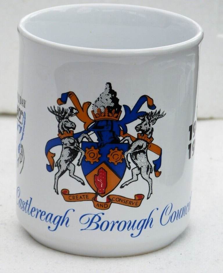 CERAMIC MUG: 50 YEARS VE/VJ-DAY CASTLEREAGH BELFAST NORTHERN IRELAND -EXCELLENT CONDITION