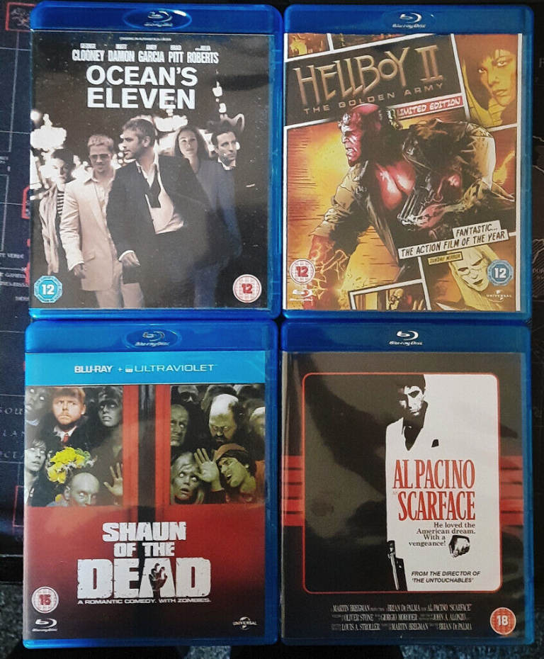 image for 4x Blu rays film bundle Shaun of the Dead, hell boy 2, Oceans 11, Scarface