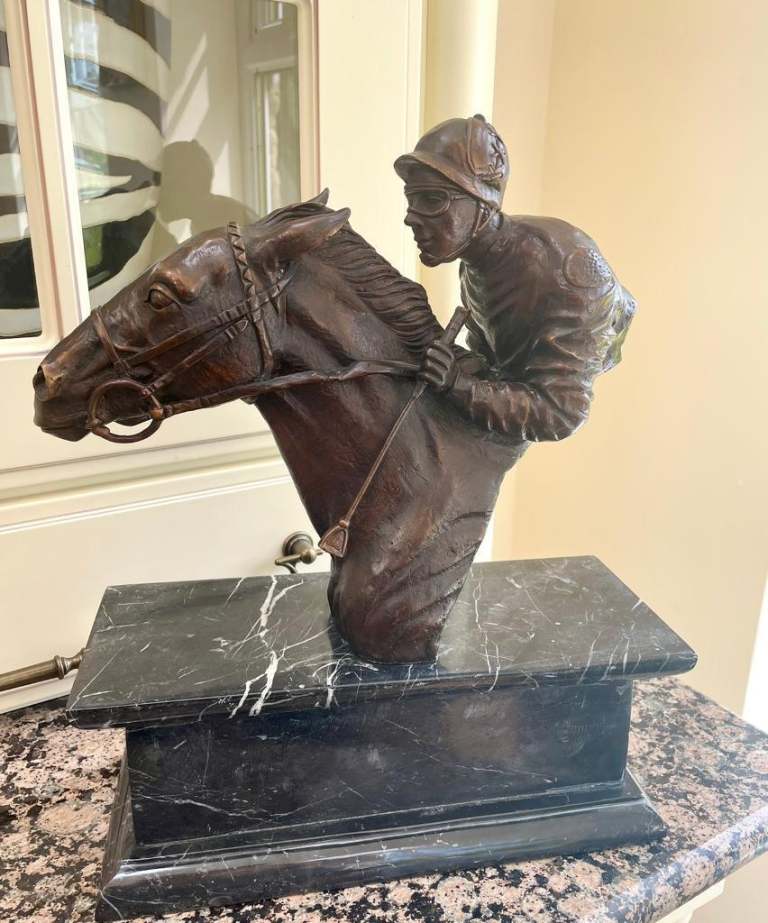 Large bronze Racehorse Figure with Jockey mounted on Black Marble Base