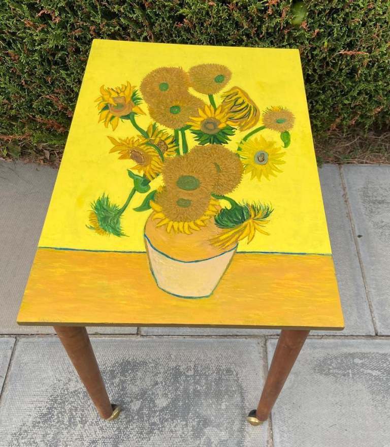 mid Century Side table hand painted art work Van Gogh Sunflowers