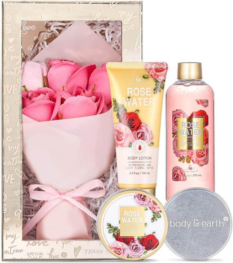 5PcsSpa Gift Sets for Women with Artificial Rose, Shower Gel, Shampoo, Body Scrub, Lotion Set