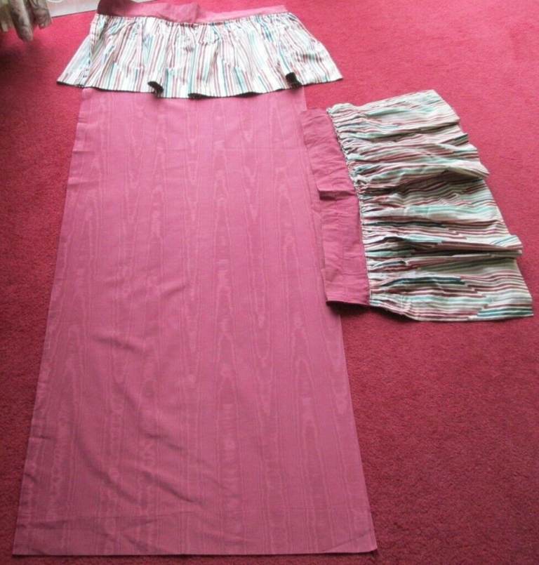 CURTAINS, 3 PANELS, BURGUNDY WITH ATTACHED LARGE PELMET, 26 WIDE X 70 LONG, GC