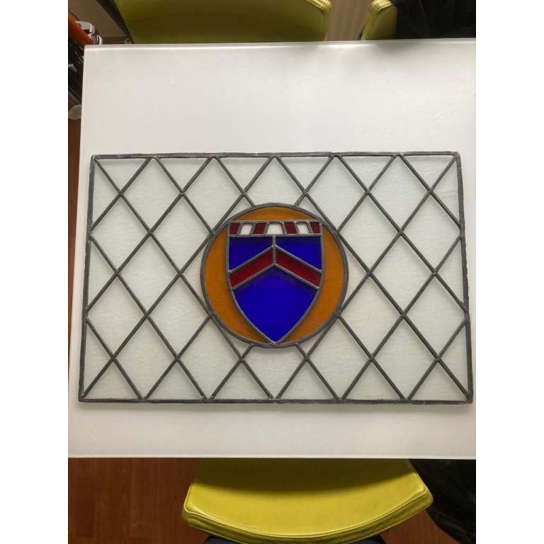 image for BEAUTIFUL STAINED GLASS WINDOW. MEASURES 76CM BY 50CM. SLIGHT DAMAGE. 