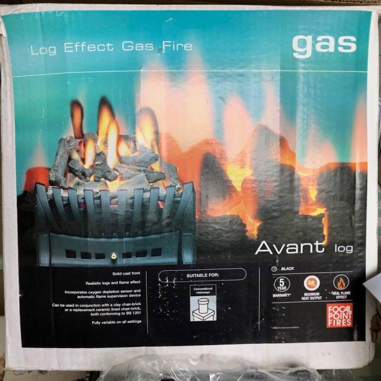 Log effect gas fire, B&Q Focal Point, boxed and complete with all fittings and instructions.