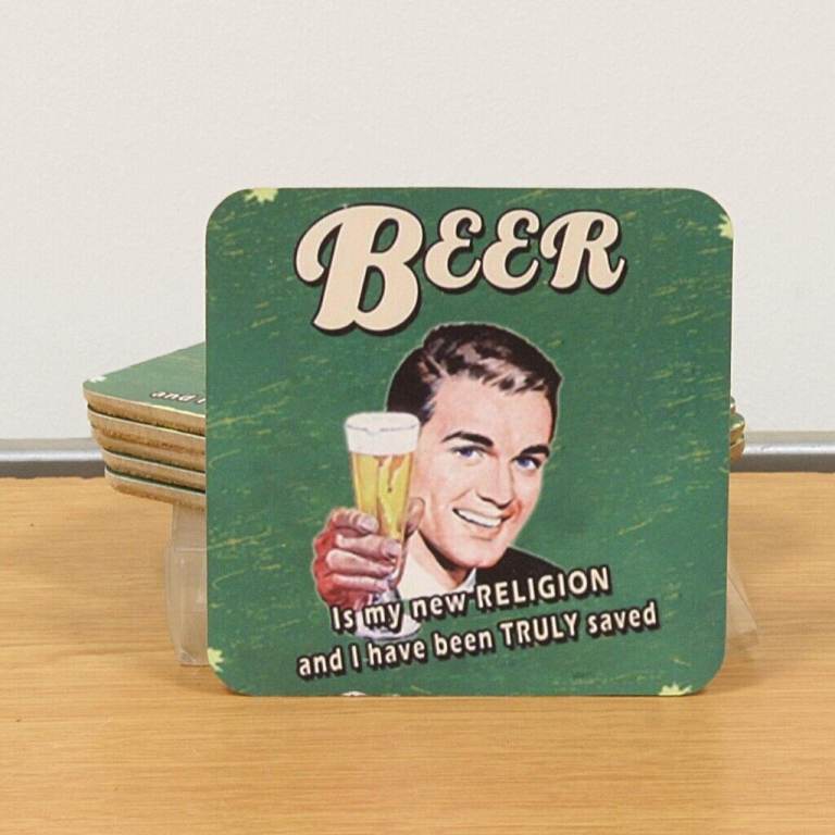 NEW 6 x Coasters 'Beer is my new Religion' Vintage Look
