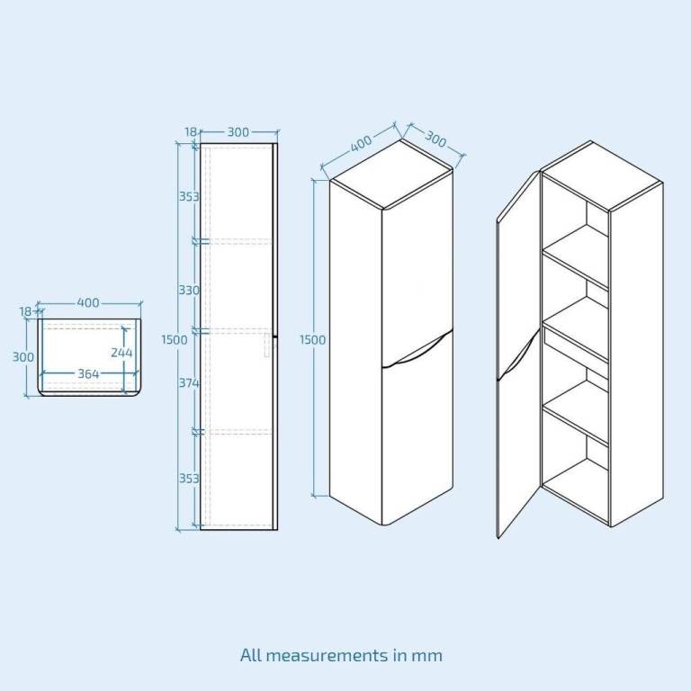 Bathroom 1500mm White, black, Grey Wall Hung Furniture Tall Storage Cabinet Unit