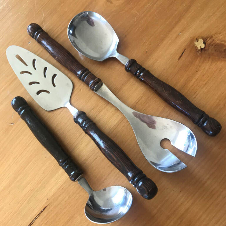 Vintage, wood handles, s/steel cutlery: salad server, serving spoon, cake slice, small ladle.