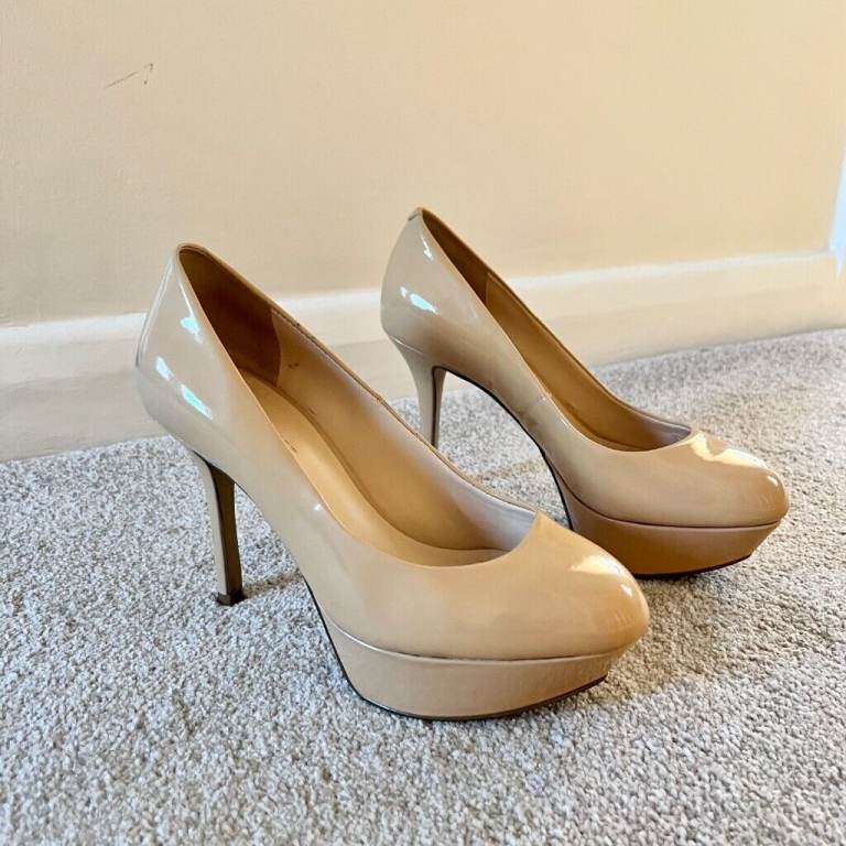 NINE WEST Ladies Patent Leather Beige High Heels, UK Size 3