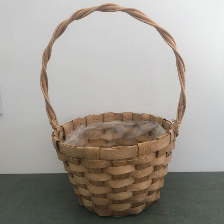 Large basket, handle, plastic lined. 14 inches tall inc. handle.  Collect Newchurch, Romney Marsh.