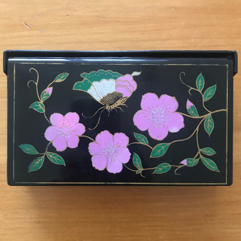 Vintage 1980's black plastic jewellery box, butterfly & flowers design, 3 mirrors. £3 ovno. Can post