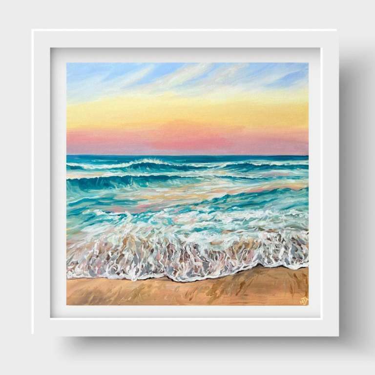Original acrylic painting on canvas. Framed coastal art. Beach sunset
