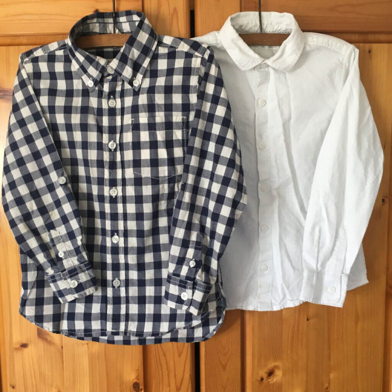 	2 long-sleeve shirts Age 5 yrs white GAP & 5-6 yrs blue/white check Next. £1.50 both. 