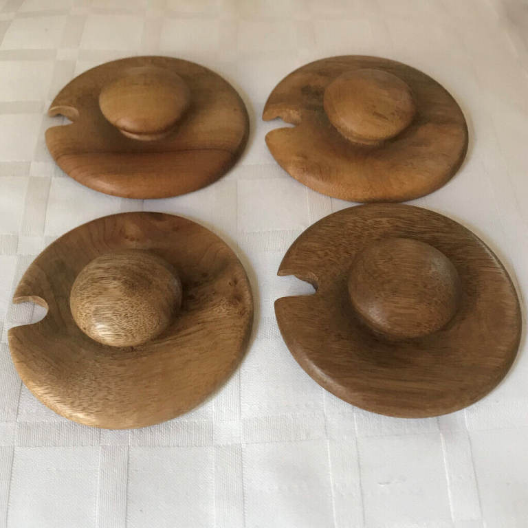 4 unused vintage Myrtlewood lids – The House of Myrtlewood, Oregon, USA. £4 ea/£15 ovno lot