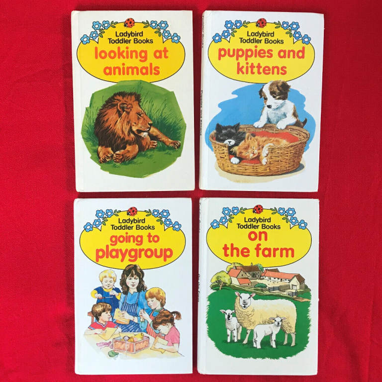 4 vintage 1983/5 1st edition Ladybird Toddler Books: farm, puppies/kittens, animals, playgroup.