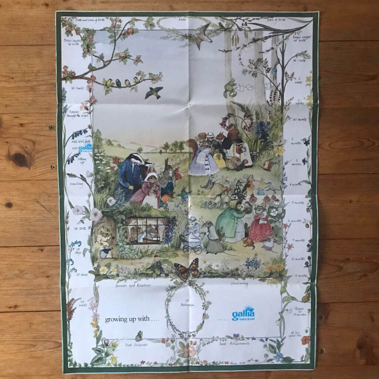 Unused, vintage 1982 gallia baby food folded baby developmental poster, delightful animal design.