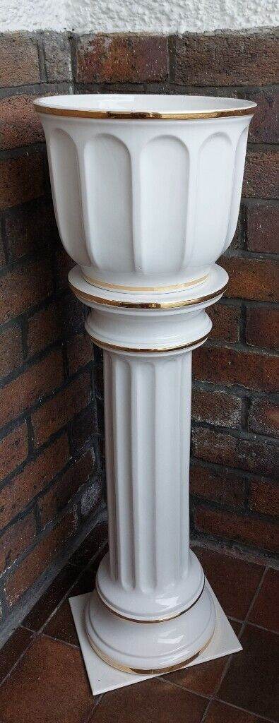  Attractive 2 piece white and gold trim, glazed pottery Pedestal Jardinaire plant holder.