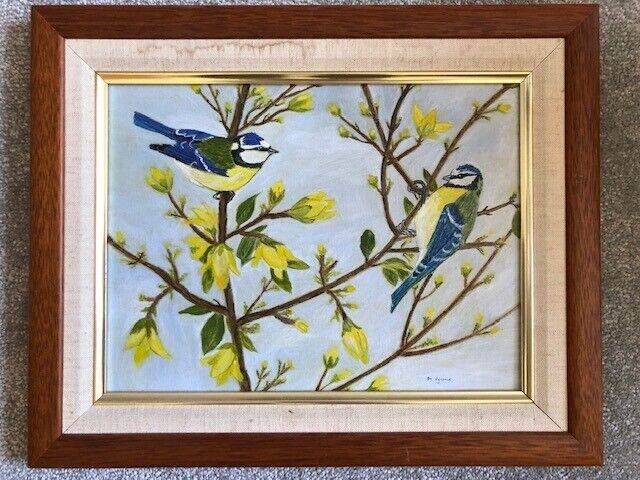 ORIGINAL ACRYLIC PAINTING PAIR OF BLUE TITS PROFESSIONALLY FRAMED & SIGNED BY ARTIST